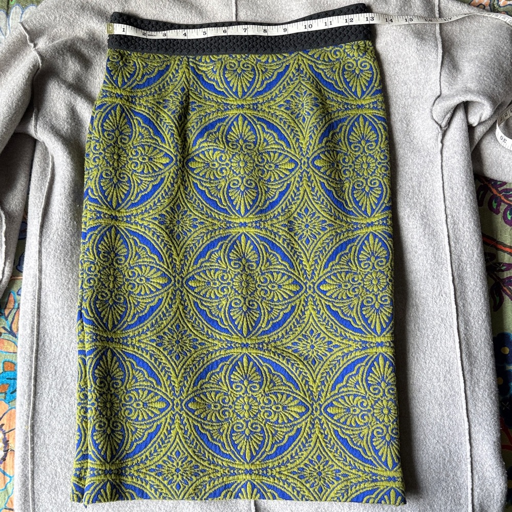 Maeve Blue and Olive Green Jacquard Medallion Pencil Skirt
